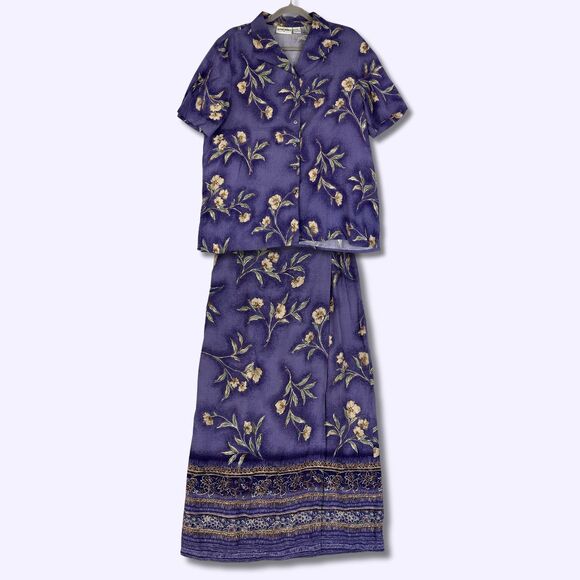 Vtg 90s Faux Wrap Midi Skirt Matching Set 14 Purple Floral Vacation Granny Artsy - Picture 1 of 15